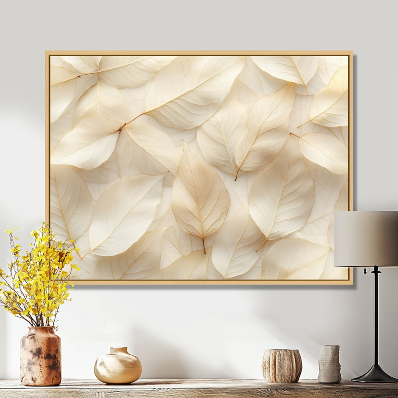 Ivoire, feuilles, collage, feuillage II - feuilles, art mural, H 24 po x l 32 po, Crème, crème