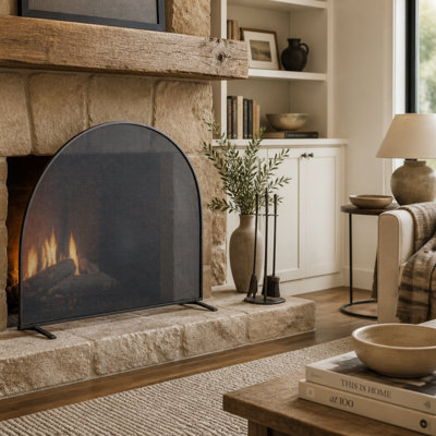Freestanding Full‑Arch Top Black Metal Fireplace Screen, Single Panel Spark Barrier for Indoor Wood Burning Fireplace