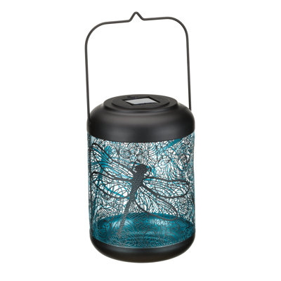 14.5 Inch Metal Solar Powered Outdoor Shadow Lantern with Decorative Cutout Patterns and Hanging Handle