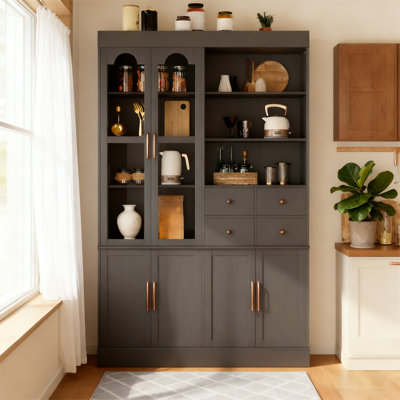 47.2" Farmhouse Freestanding Buffet with Hutch, Tall Kitchen Pantry Cabinet with 4 Drawers, Tempered Glass Doors & Adjustable Shelves for Dining Room by One Allium Way