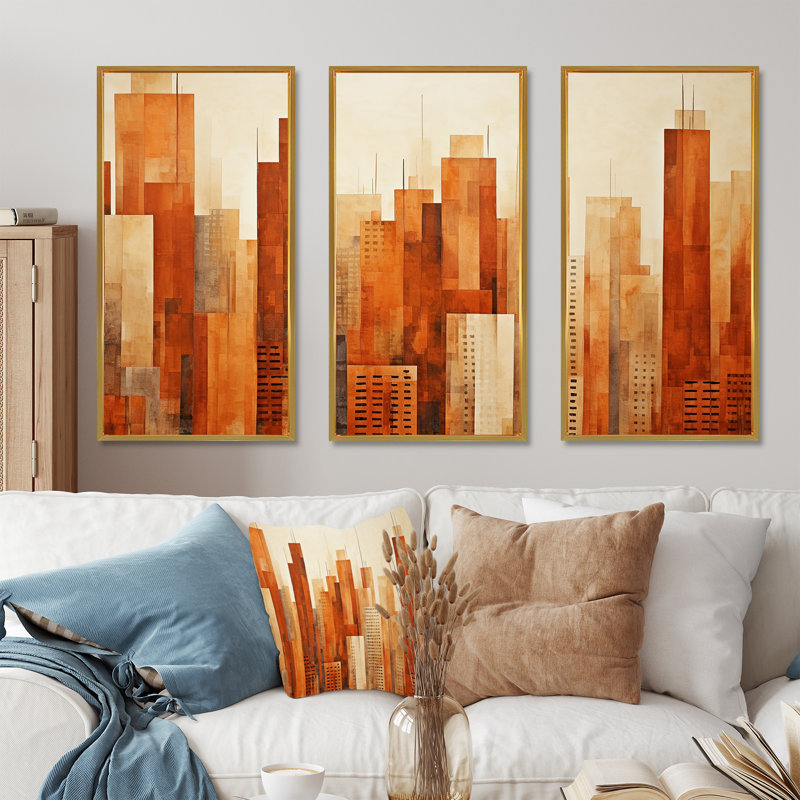 «Caramel Columns Skycrapers Dream I - Skyscrapers», ensemble de reproduction d'art mural, Cadre flottant doré