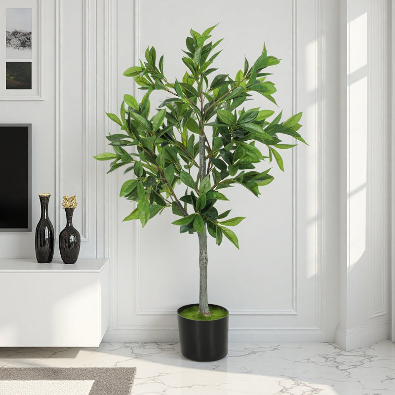 Laurier artificiel en pot Home - Plante réaliste en soie 35,47 "- Vert, sans eau, pot rempli de ciment stable