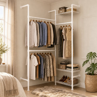 Wall Mount Industrial Pipe Closet Organizer System, Expandable Clothing Rack with Adjustable Shelves & Hanging Rods for Corner Wardrobe Storage, White 