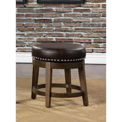 Round Swivel Stools Of 2, Brown Faux Leather, Solid Wood, Dining Room Casual Furniture 2Pcs Leather 360-Degree - Nailhead Trim, Wood Frame For Home Furnishings