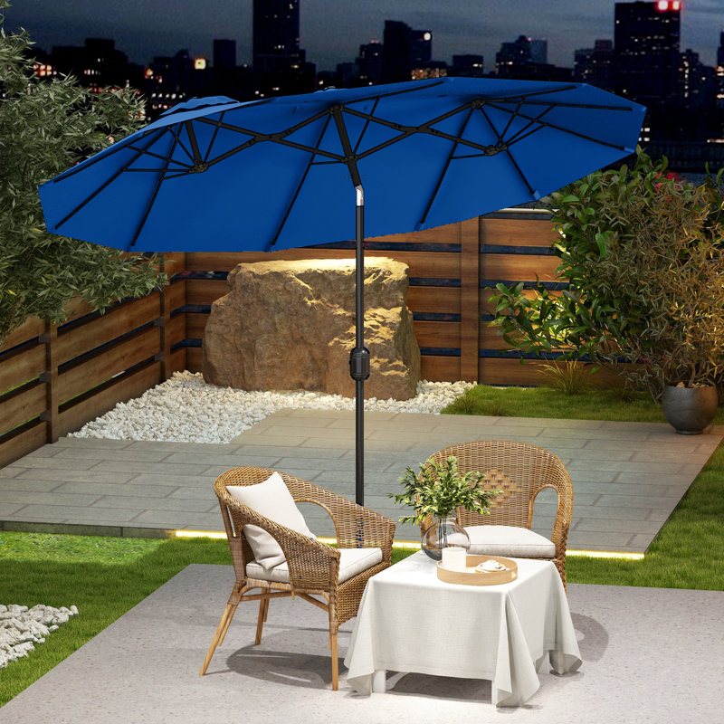 Parasol de patio à double face Outsunny, grand parasol de marché extérieur de 9,5 pi avec inclinaison à bouton-poussoir et manivelle, 3 bouches d'aération et 12 nervures pour le jardin, la terrasse, la piscine et le bleu marine
