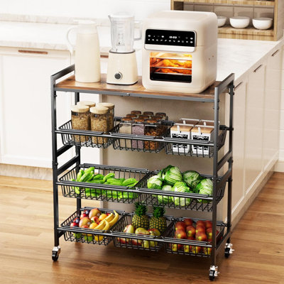 Chariot de rangement à 4 niveaux avec plateau en bois et 8 paniers amovibles, organisateur utilitaire robuste pour garde-manger