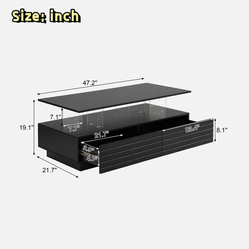 Modern Rectangular Coffee Table With Led Lights, 2 Drawers And Open Storage Shelf, Black
