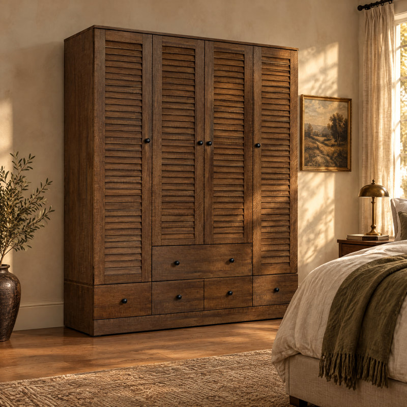 59" Wide Wardrobe with Louvered Doors, 5 Drawers, Hanging Rods and Shelves, Brown