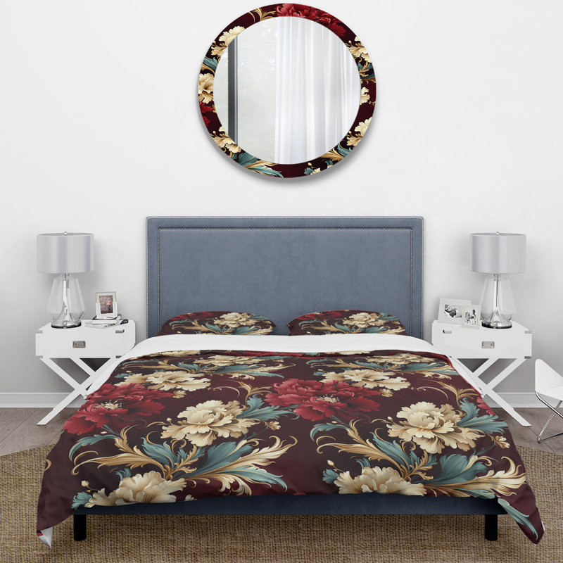 Renaissance Revival Victorian Pattern I Floral Duvet Cover, Queen Duvet Cover + 2 Standard Shams