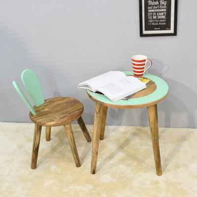 Handmade 100% Mango Wood Kids Round Shaped Rabbit Theme Indoor Table & Chair