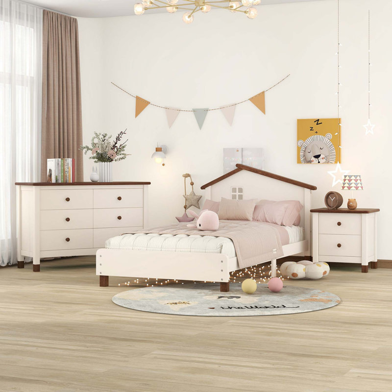 Ensemble de lit plateforme 3 pièces avec table de chevet et commode de rangement, Crème