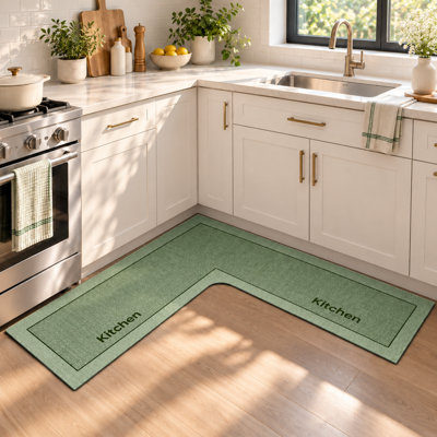 Tapis de cuisine en forme de L 120 x 120 cm, antidérapant, en polyester, pour cuisine d'angle.