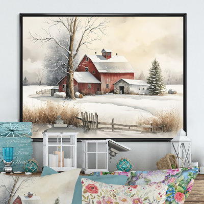 Calm Red Barn In Winter IV - Farmhouse / Country Canvas Wall Art