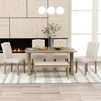 6-Piece Farmhouse Dining Table Set, Rectangular Trestle Table and 4 Upholstered Chairs & Bench for Dining Room