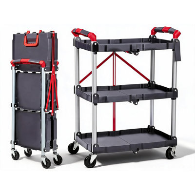 3-Tier Collapsible Service Cart with Wheels, 198 lb Folding Utility Cart, Portable Rolling Tool Cart with Locking Casters for Garage, Warehouse, Home, Office, Workshop