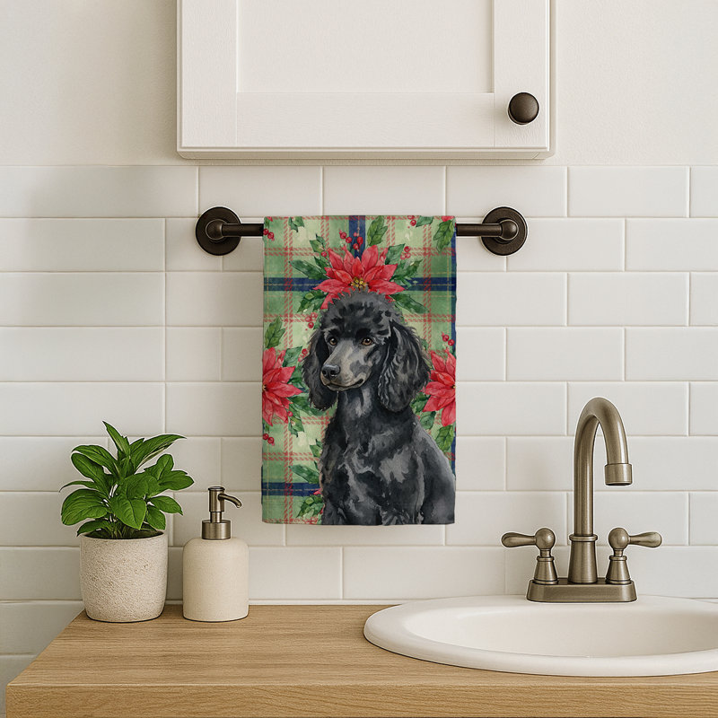 Standard Black Poodle Christmas PoinsettIas Kitchen Towel, Standard Black Poodle