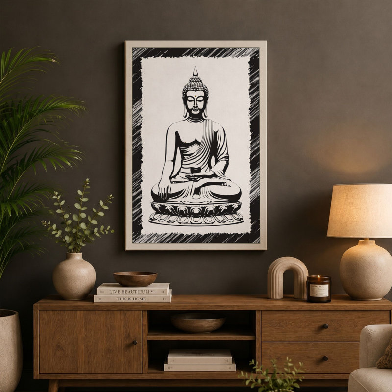 Seated Buddha Japandi - Wrapped Canvas, 18x12 - 45.7 x 30.5 cm, Sage Border