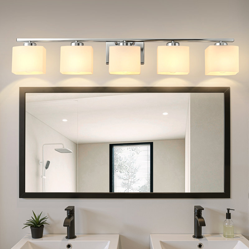Modern 3-Light Vanity Fixture With Square Glass Shades, 5, Chrome