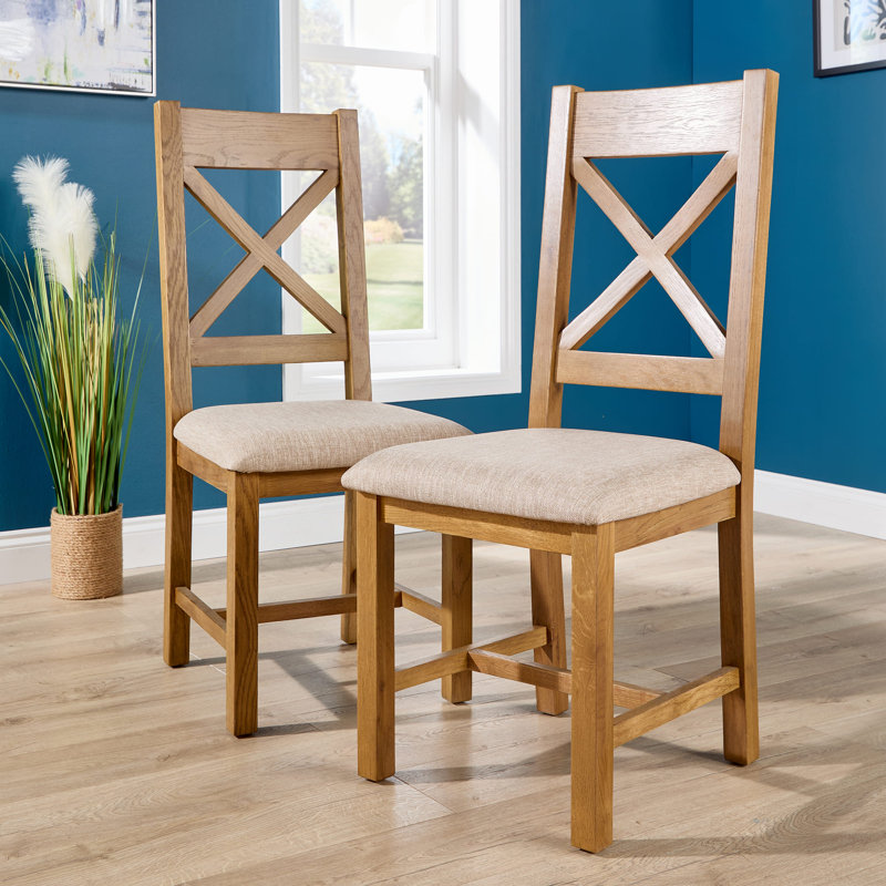 Pair of Assembled High Cross Backed Dining Chairs Checked Seat Solid Oak Legs, Beige