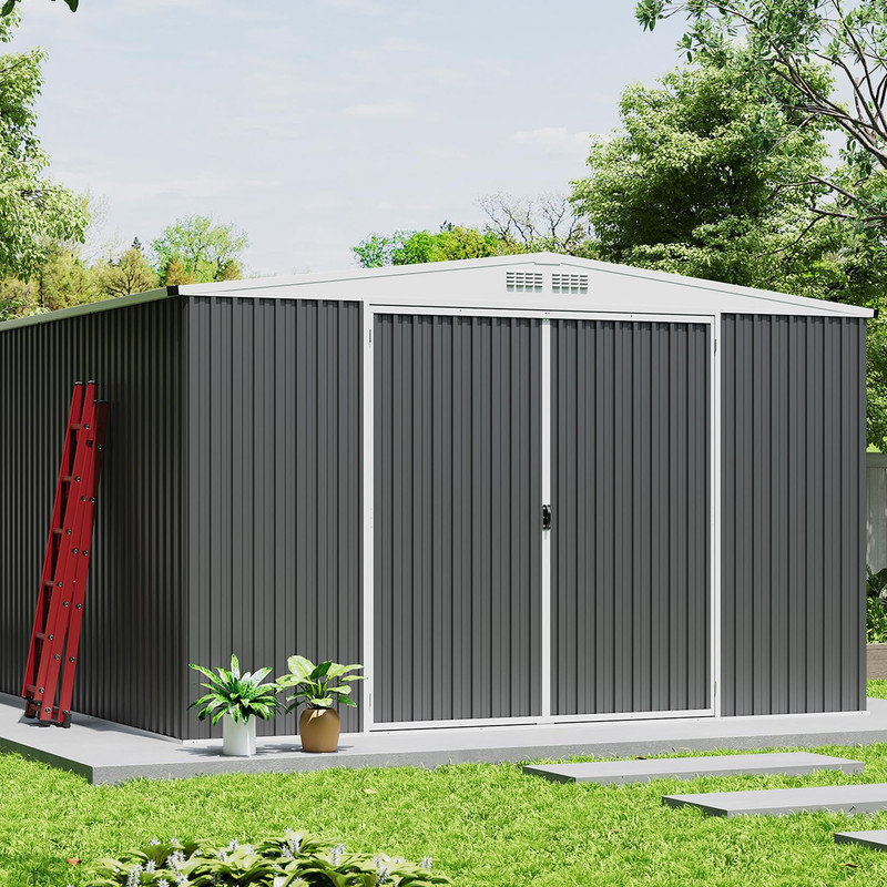 10x12 Ft Metal Outdoor Storage Shed - Lockable Backyard Tool Storage with Weatherproof Roof and Vents for Lawn Equipment, Bikes, and Patio Organization