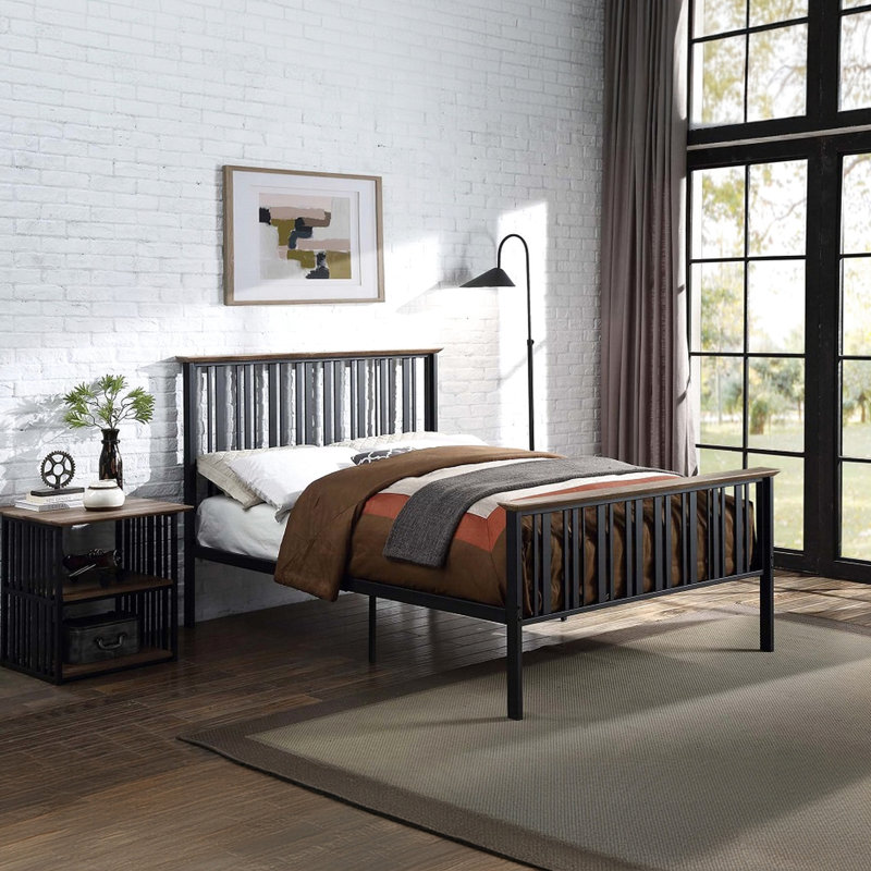 Industrial Style Nightstand In Bedroom Area, Black Metal Frame, Antique Oak Finish, Two Open Shelves, Wooden Top, 22 Inches Wide, Deep, 23 High, Simple Setup Process Rustic Bedside Table, Width,