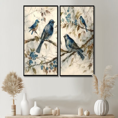 Four Vintage Blue Birds On A Branch IV - Animals Bird Canvas Wall Art