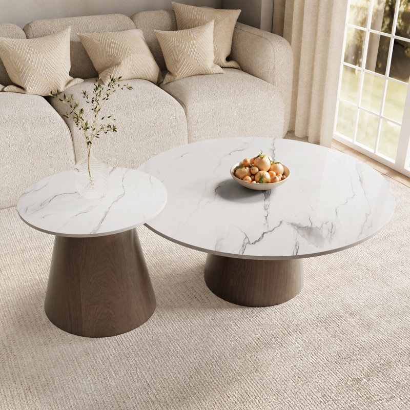 Ensemble de 2 tables basses gigognes rondes avec base en bois massif et fritté (ensemble de 2), Blanc neigeux