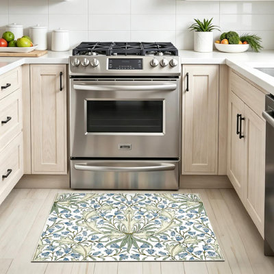 Blue Floral Modern Seamless English French Graphic Green Italian Satin Machine Washable Indoor Area Rug