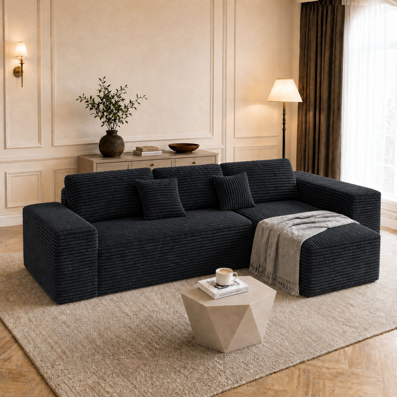 Canapé d'angle modulaire sans os de 264 cm de large, recouvert de velours côtelé noir, avec 5 coussins, convertible en lit 2 pièces, aucun assemblage requis