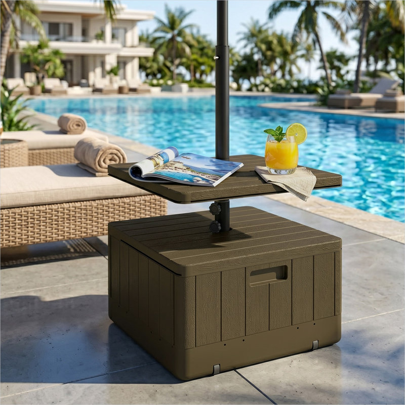 Base de parasol de patio en PEHD Rich Brown avec table intégrée, capacité de 176 lb, sur roulettes