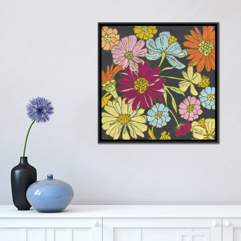 « summer floral on gray i », reproduction d’impression sur toile tendue, H 18 po x l 18 po x P 1,5 po, Toile avec cadre noir