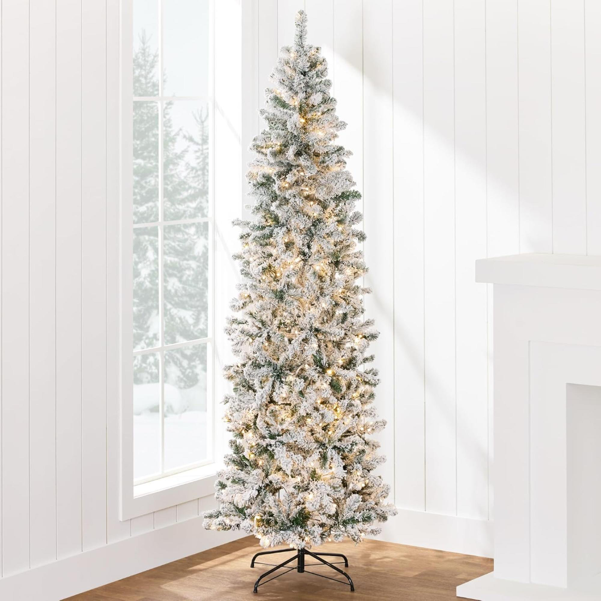 Textiles Hub Flocked Pencil Christmas Tree, PreLit Slim Artificial