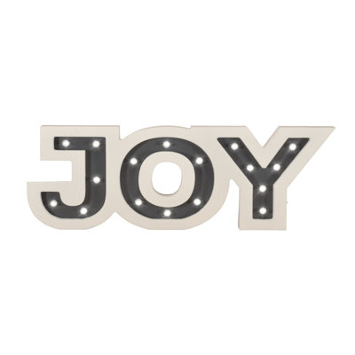 17.75" Pre-Lit Battery Operated White and Gray Wooden Warm White LED "Joy" Marquee Sign with Timer