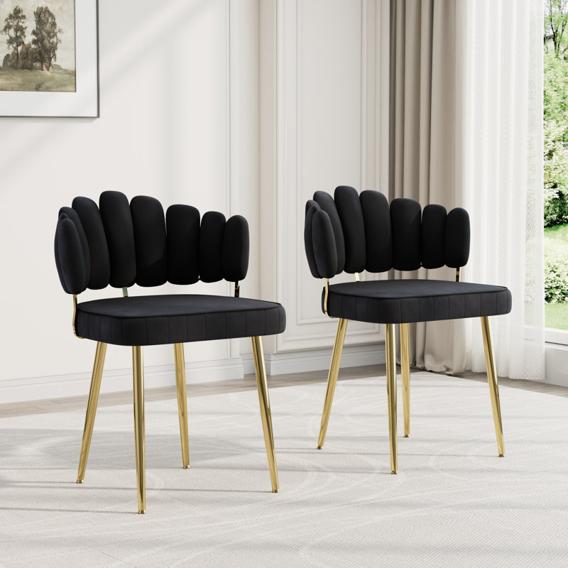 Elegant Tufted Velvet Curved Weaved Back with Metal Legs Side Dining Chair Set, 2, Black