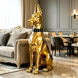 Statue de Doberman plaquée or 39,5 po avec col clouté, décor de plancher de luxe moderne