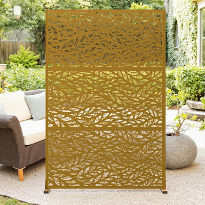 Paravent de jardin moderne moderne à motif de feuille brune autoportante en métal résistant aux intempéries, paravent et diviseur d'espace pour terrasse