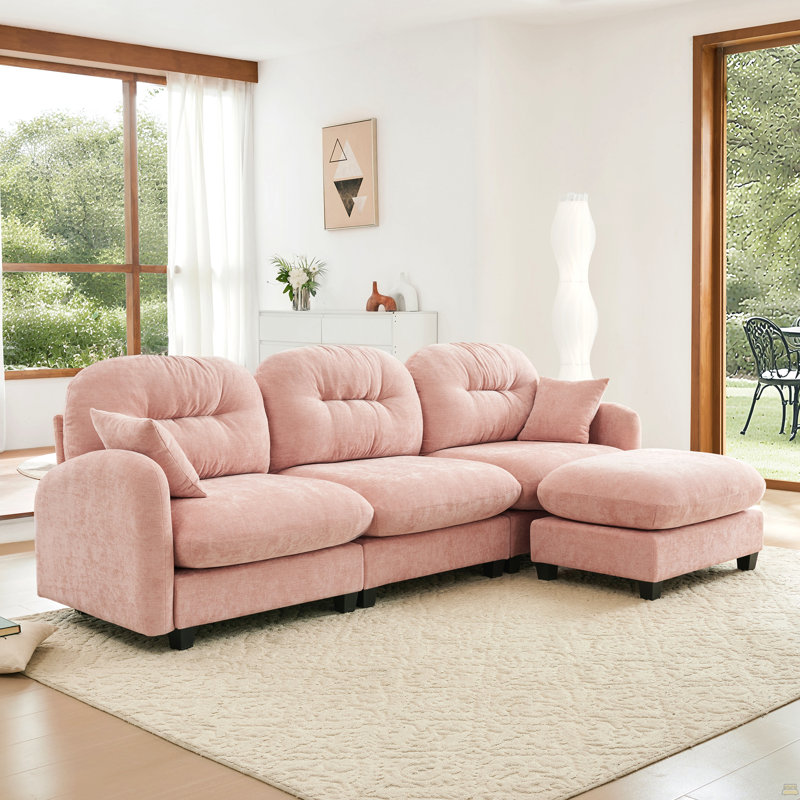 Canapé modulaire en L modulaire avec repose-pieds, tissu en chenille de qualité supérieure, conception plissée matelassée, conception ergonomique facile à installer, convient aux chambres à coucher, aux coins lecture des salons, rose