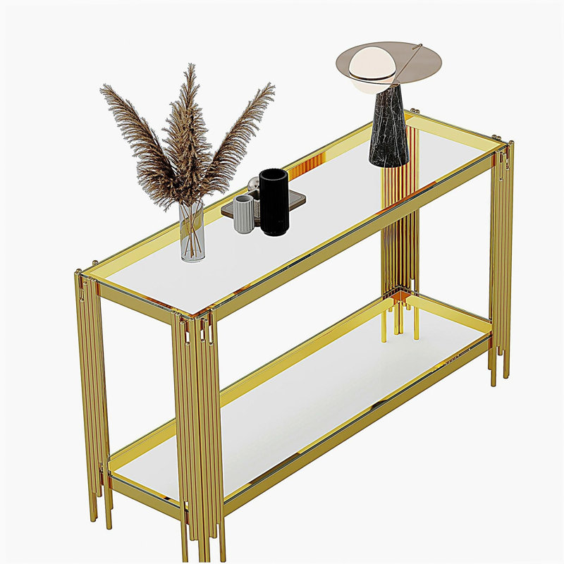 Comptoir en verre trempé à double couche et structure en acier inoxydable poli miroir, Clair