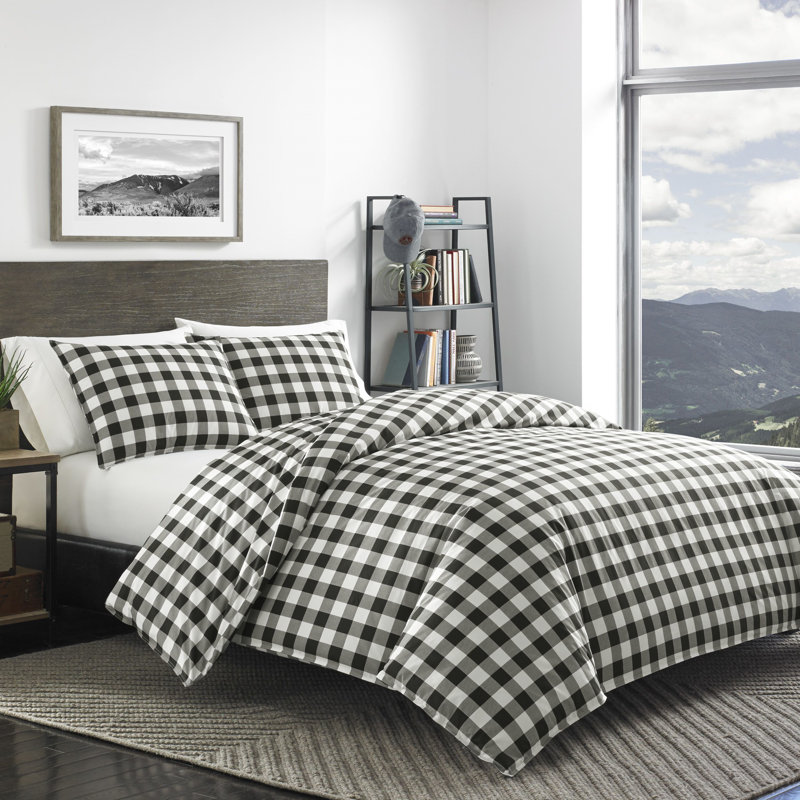 Fairview Mountain Plaid Dusted Comforter Set, Black/Bright white, Full/Queen Comforter + 2 Shams