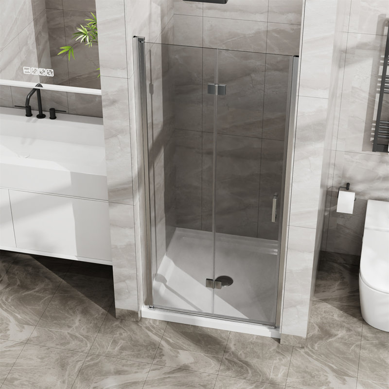 Porte de douche en verre pliable sans cadre de 34 po x 72 po avec base en acrylique noire Goodyo, Chrome / blanc