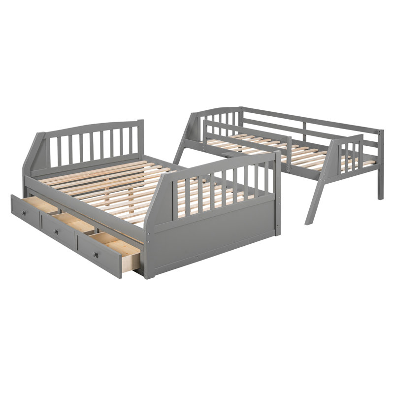 Lit superposé simple sur double avec tiroirs, échelle et escalier de rangement gris, parfait pour économiser de l'espace et dormir plus