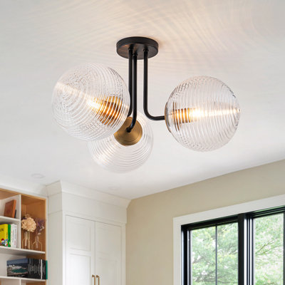 Kaynen 3-Light Modern Sputnik Semi Flush Mount With Ribbed Glass Shades