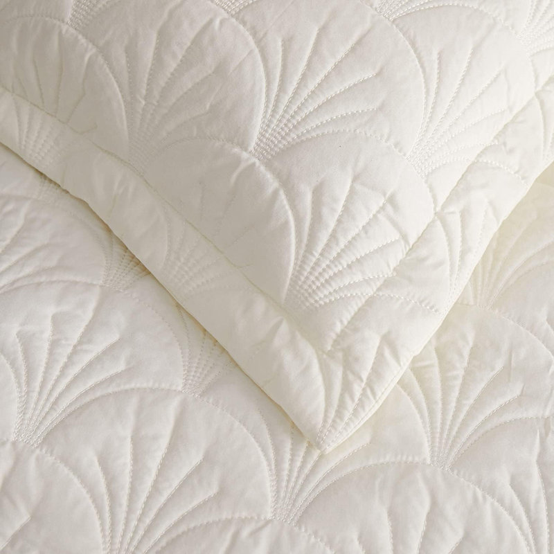 Ensemble de courtepointe brodée 3 pièces festonnée, Couvre-lit pour lit grand : couvre-lit + 2 taies d, Blanc