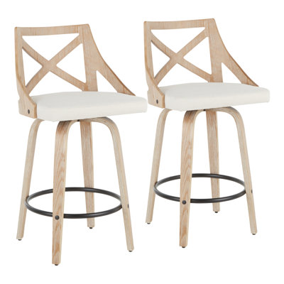 Charlotte 26" Farmhouse Fixed Height Counter Stool With Swivel In White Washed Wood And Cream Fabric By Lumisource - Set Of 2