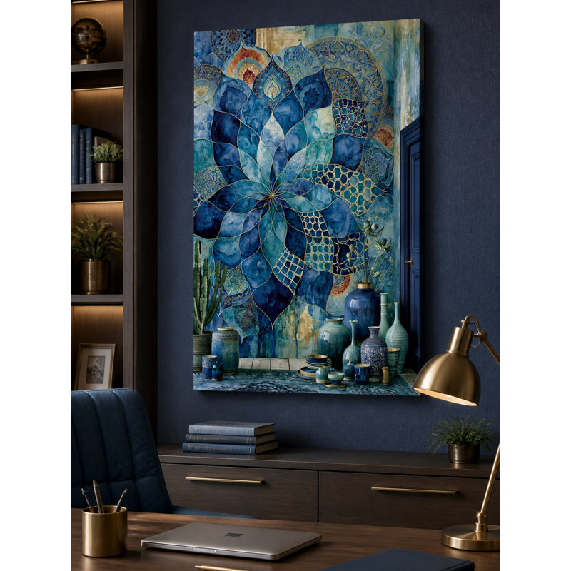 Impression sur toile de fleur bleue inspirée du mandala dans un style abstrait avec un thème bohème pour une décoration intérieure unique, impression décorative