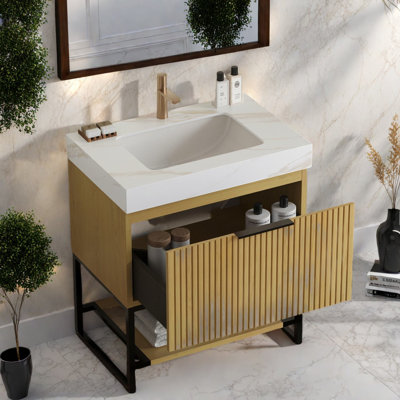 Meuble-lavabo et lavabo moderne en chêne Corolla, conception compacte de 30 pouces pour une salle de bain élégante