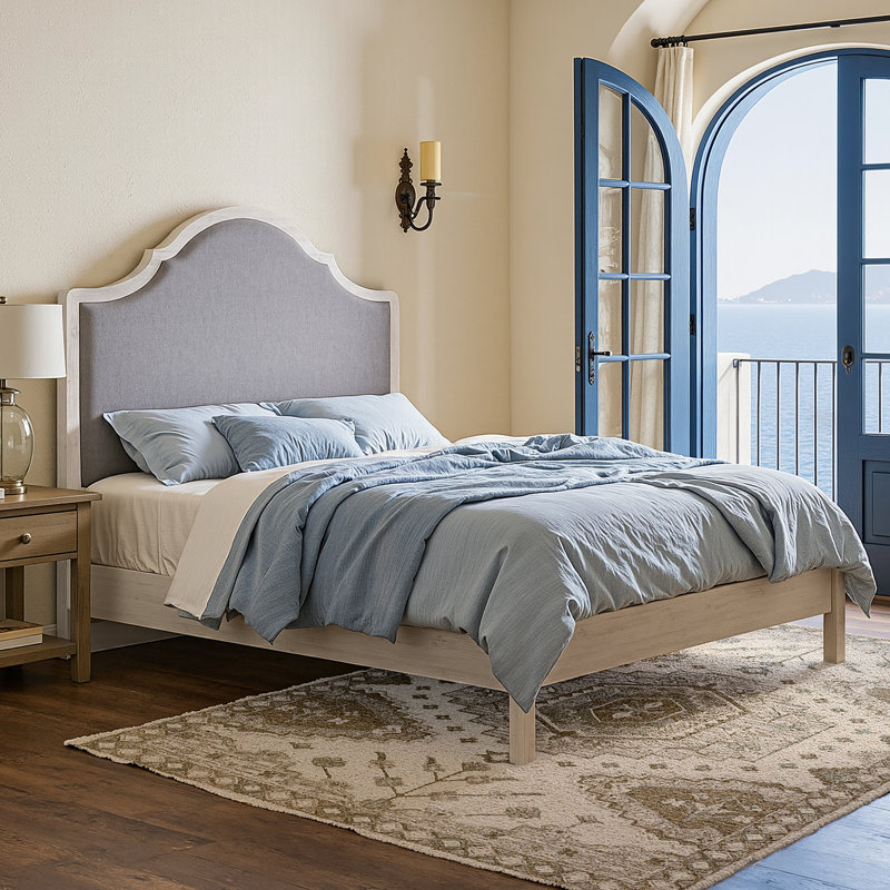Solid Wood Platform Bed with Upholstered Headboard, Modern Design, No Box Spring Needed, White, Full / Double