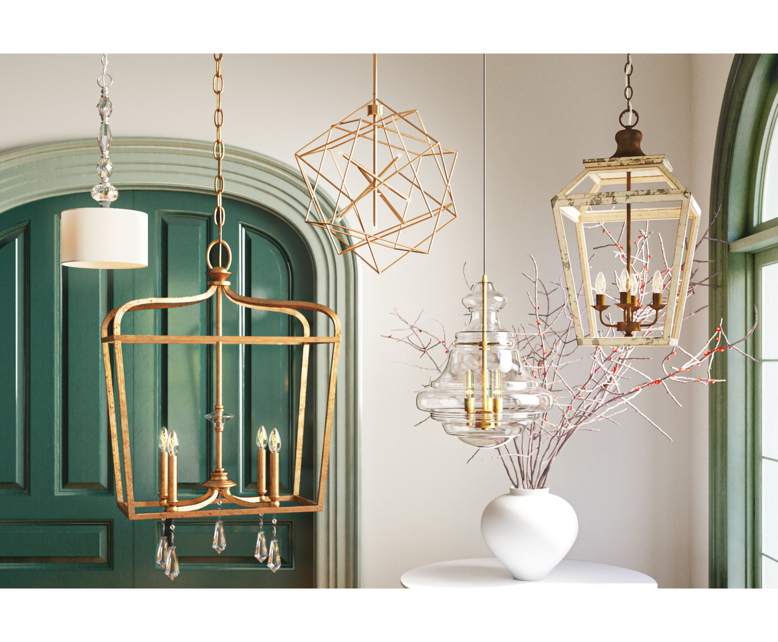 Burtt 3 Light Glass Dimmable Pendant, Natural Brass