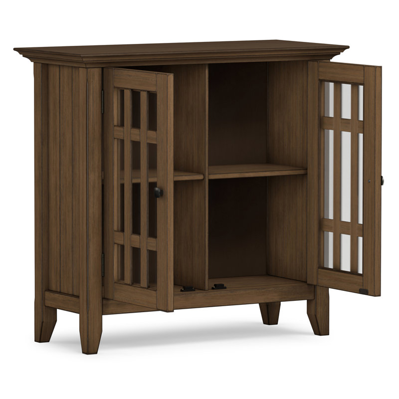 Bedford 32"W Solid Wood Transitional Low Media Cabinet with Glass Doors and Adjustable Shelves, Rustic Natural Brown