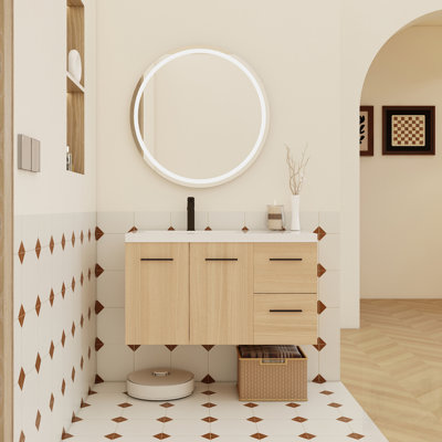 Meuble-lavabo mural flottant avec lavabo, conception modulaire à 2 portes et 2 tiroirs